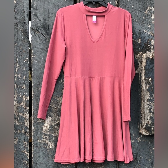 Long Sleeve Fit and Flare Midi Dress Dusty Rose Large - Picture 2 of 7